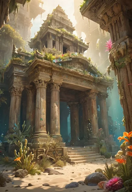 Depict an ancient, multicolored temple at the ocean floor, partially covered in sand and surrounded by vibrant marine flora. The temple should have a grand entrance with intricate designs, illuminated by soft, ambient light from glowing sea creatures. Create a sense of mystery and beauty, with gentle currents and bubbles drifting around the scene.
 style of greg rutkowski,janek sedlar,jenny saville:0]  <lora:vivid_everclear:0.35>  <lora:Sinozick:0.35>  <lora:MJ52:0.35>