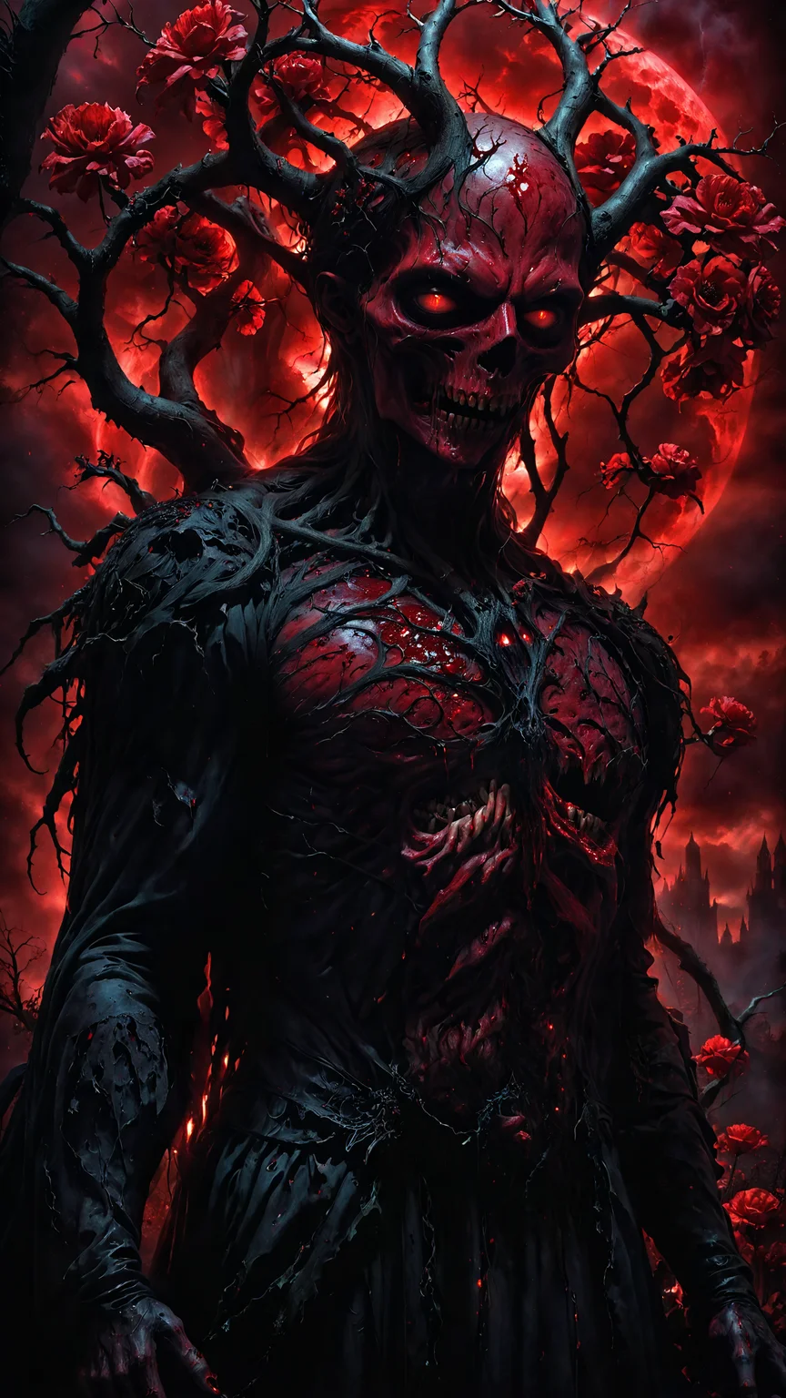 Horror theme, hyperrealistic, demonic tree with sinister branches, blood red moon in the background, bloods flowing from the eyes, tears of blood, glowing bloods, skulls with glowing eyes scattered around, vibrant red flowers, ethereal and eerie lighting, dramatic and haunting shadows, intricate details, terrifying ambiance, realistic textures, swirling mist, horrifying and creepy, gothic elements, dark crimson and black color palette, ultra-quality, foreboding scene, sinister mood, ethereal glow, detailed background, magical elements, mysterious and terrifying, lifelike depiction, horror setting, dark sky, surreal and nightmarish, demonic presence, twisted and gnarled roots
<lora:zavy-cntrst-sdxl:2> dark, chiaroscuro, low-key