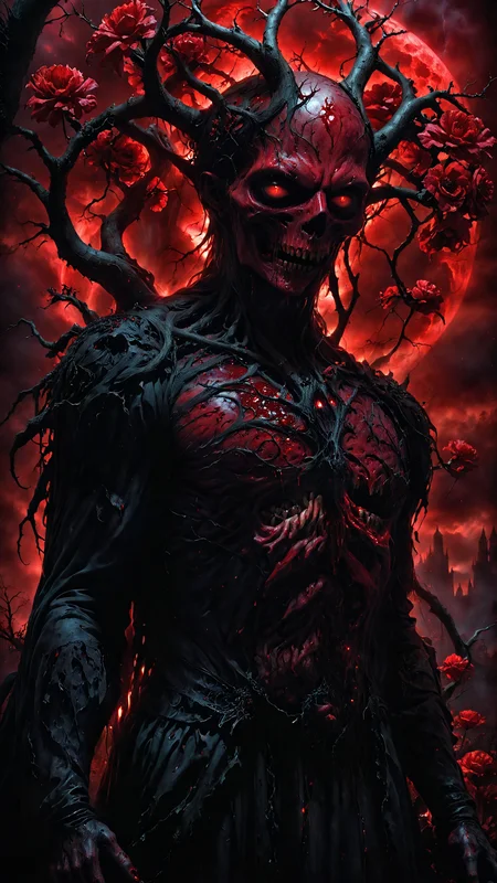 Horror theme, hyperrealistic, demonic tree with sinister branches, blood red moon in the background, bloods flowing from the eyes, tears of blood, glowing bloods, skulls with glowing eyes scattered around, vibrant red flowers, ethereal and eerie lighting, dramatic and haunting shadows, intricate details, terrifying ambiance, realistic textures, swirling mist, horrifying and creepy, gothic elements, dark crimson and black color palette, ultra-quality, foreboding scene, sinister mood, ethereal glow, detailed background, magical elements, mysterious and terrifying, lifelike depiction, horror setting, dark sky, surreal and nightmarish, demonic presence, twisted and gnarled roots
<lora:zavy-cntrst-sdxl:2> dark, chiaroscuro, low-key