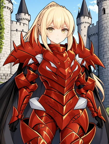 masterpiece,
<lora:mihaela.sdxl.v1:0.85> mihaela, standing, red armor, black cape, shoulder spikes, dragon armor, looking at viewer, facing viewer, ponytail, braid, closed mouth, 1girl, solo, cowboy shot
1girl,solo,
castle background,