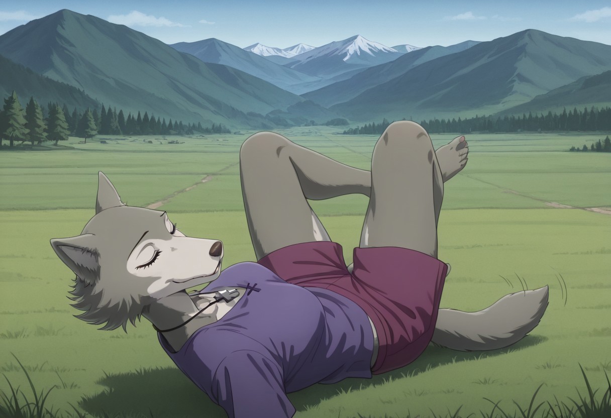 masterpiece, best quality, amazing quality, very aesthetic, absurdness, newest, high quality, detailed, <lora:Leano_Beastars_Illustrious_8BitGhost_[Commissioned-by-me-2]:1>, Leano, 1girl, mature female, female, anthro, grey wolf, animal ears, brown eyes, grey fur, light underbelly, purple shorts, purple beach shirt, barefoot, feet, looking at feet and toes, laying down on chest on grass at mountain fields, mountain landscape and scenery, laying down on chest, grabbing toes on one foot, holding big toes, one hand on one foot and toes, holding the toes on one foot, humanoid wolf feet, five toes, detailed five toes, soles, grey soles, feet tease, foot fetish, soles, humanoid wolf feet, highly detailed feet, detailed toenails, five toes, curled toes, toes crunched up, big toes spreading, one hand holding one foot and toes, soles, detailed soles, mildly wrinkled soles, five toes, feet tease, toes spread, toes wiggle, toe tease, detailed humanoid fox feet, Christian Cross around neck, Crucifix around neck, full body, outdoors, Mountains, trees, on top of a mountain hill, beautiful mountain landscapes and lovely scenery, sunny, big smile, closed eyes,