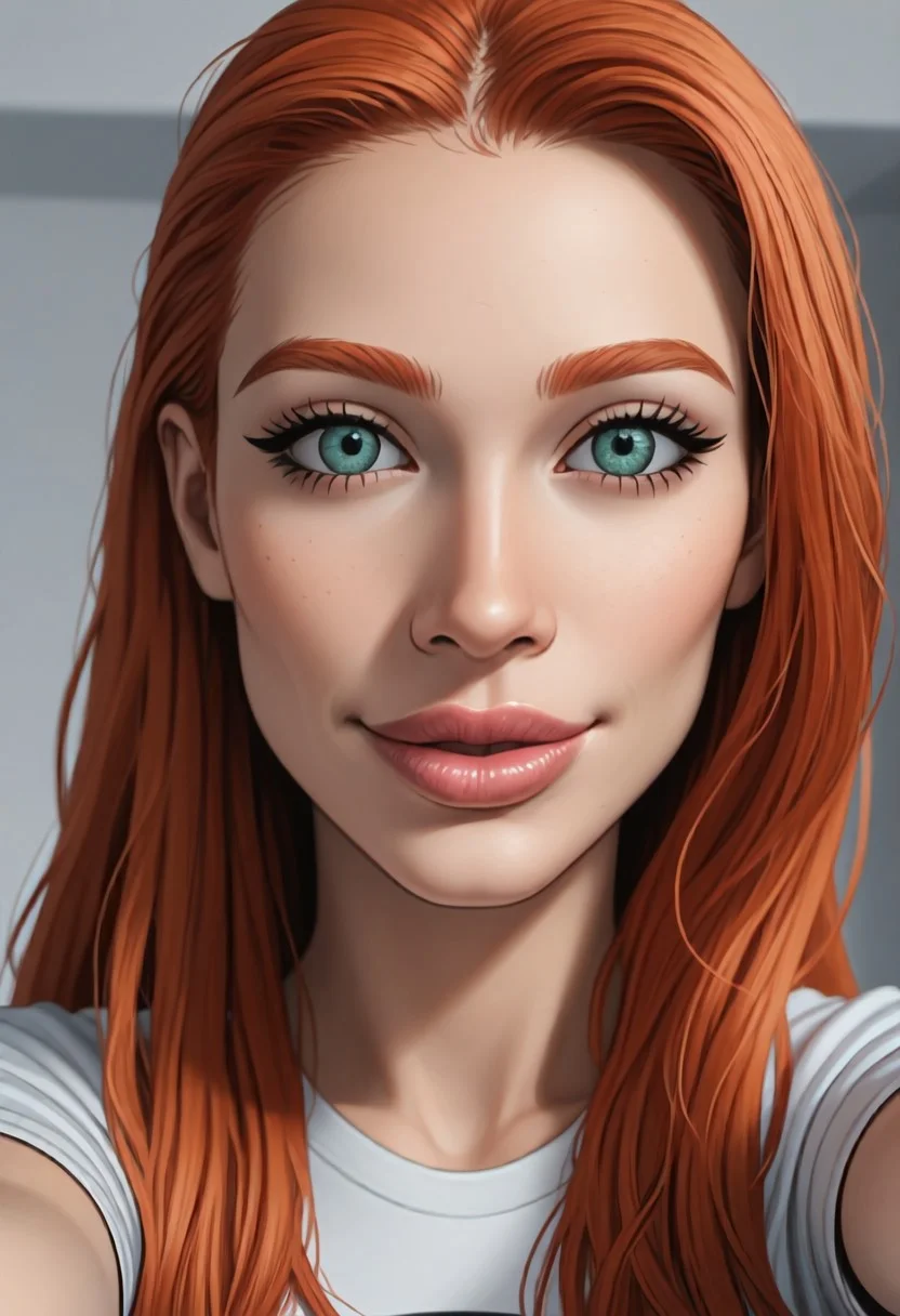 lmasterpiece, best quality,masterpiece, best quality, good quality, very aesthetic, newest, 8K, ecasagrande, detailed,
Selfie, close up of face,
1 woman, 22 years old,
Ginger hair,
Big lips, Fake lips, plump lips, inflated lips,
Skinny body,
T-shirt, jeans,
Confident smile,