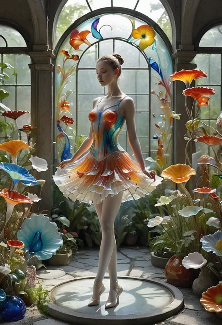made out of,colorful,liquid,Murano Art glass,
In a hidden greenhouse sanctuary amidst a concrete jungle, a biopunk ballerina finds serenity. Her outfit, a fusion of organic materials and translucent Murano glass plates, echoes the delicate balance of nature and technology. Soft, diffused lighting highlights the textures and evokes a sense of fragile beauty amidst a harsh world.