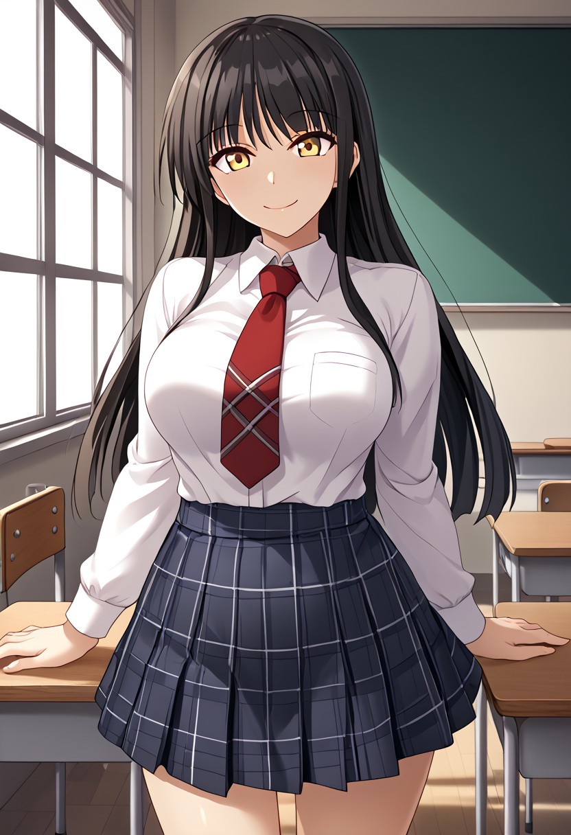 score_9,score_8_up,score_7_up,source_anime,5_figner,2d_animation,game cg,BREAK,1girl,solo,Kamiya Rin,black hair,long hair,brown eyes,yellow eyes,
plaid skirt, white shirt, school uniform,red Short necktie,  black socks,brown loafers,
large breasts,smile,front view,cowboy shot,looking at viewer,
school,class room,desk,chair,blackboard,window,
masterpiece,best qualit,ultra-detailed,illustration,an extremely delicate and beautiful,beautiful detailed eyes,unity 8k wallpaper,high resolution,anime CG,official_art,