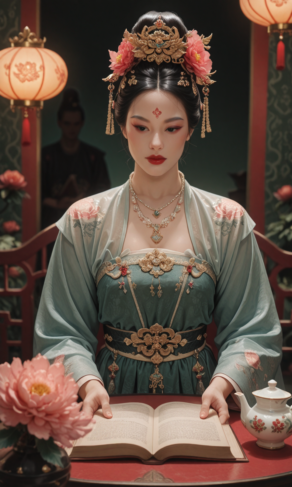 Top photography works, masterpiece, best quality, newest, absurdres, highres, 

(1boy/GSFH, lyz, princess, jewelry, hair ornament, flower, realistic, necklace, black eyes, forehead mark, depth of field, red lips, lips, chinese clothes, facial mark, hanfu, full chest), 
sitting, garden, holding a book, reading, table, tea set,
masterpiece, best quality, amazing quality, very aesthetic, absurdres, newest, haute couture, 
minimalistic composition, (dark green background details/Peony pattern, Peony), 
light from one side, dark shadow, depth of field, dynamic lighting,