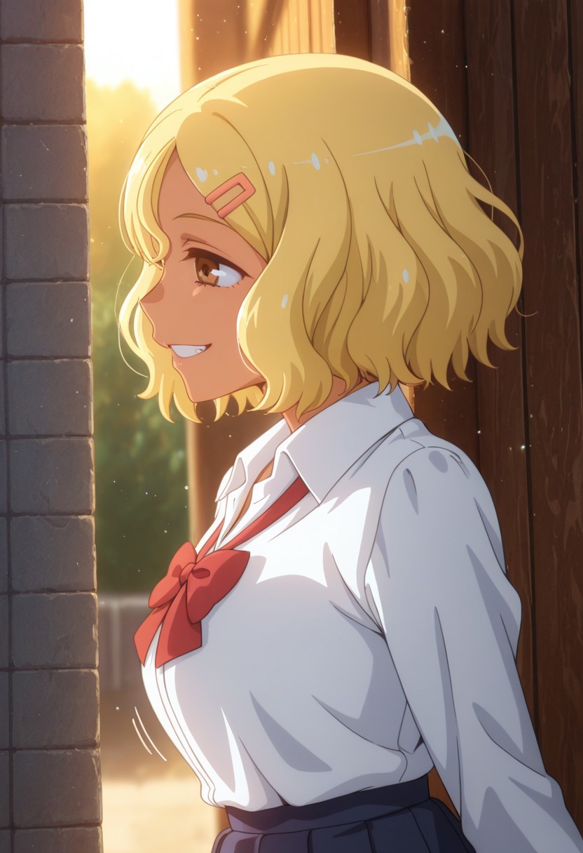 1girl, solo, masterpiece, best quality, newest, absurdres, CG, anime, source anime, illustration, very aesthetic, high resolution, ultra-detailed, newest, scenery, medium depth of field, rule of thirds, masterpiece-level, clean lines, sharp, focused subject, 
BREAK 1girl, ((solo)), Sakura_LW, anime screenshot, blonde hair, short hair, hair ornament, hairclip, dark skin, dark-skinned female, brown eyes, gyaru
skirt, school uniform, shirt, long sleeves, white shirt,  shirt_partially_tucked_in,
closeup to face, portrait, smile, grin, outside border
outdoors, school yard,
motion lines, from both sides, cinematic angle, various angles, detailed background, beautiful background, (rays light:1.0),(grow:1.0), light particles