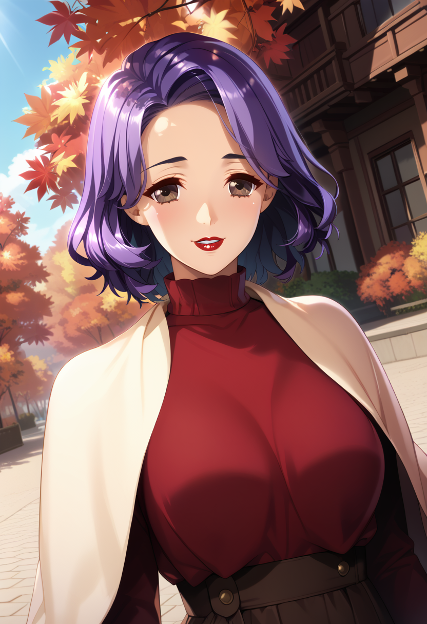 score_9, score_8_up, score_7_up, BREAK Yayy, 1girl, outdoors, autumn leaves, long sleeves, day, brown eyes, looking at viewer, upper body, purple hair, lipstick, sunlight, dutch angle, parted lips, shawl, smile, hair intakes, makeup, blush, floating hair, short hair, holding, red turtleneck sweater, maple leaf,<lora:AR:1>