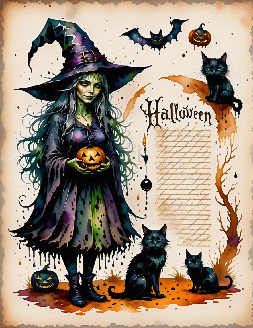 scientific illustration of a witch with a black cat, HAPPY HALLOWEEN <lora:SDXLInkStainsFinal:1> Inkstains, high quality, beautiful, highly detailed, 8k, fantasy, ink stained letters spelling HALLOWEEN