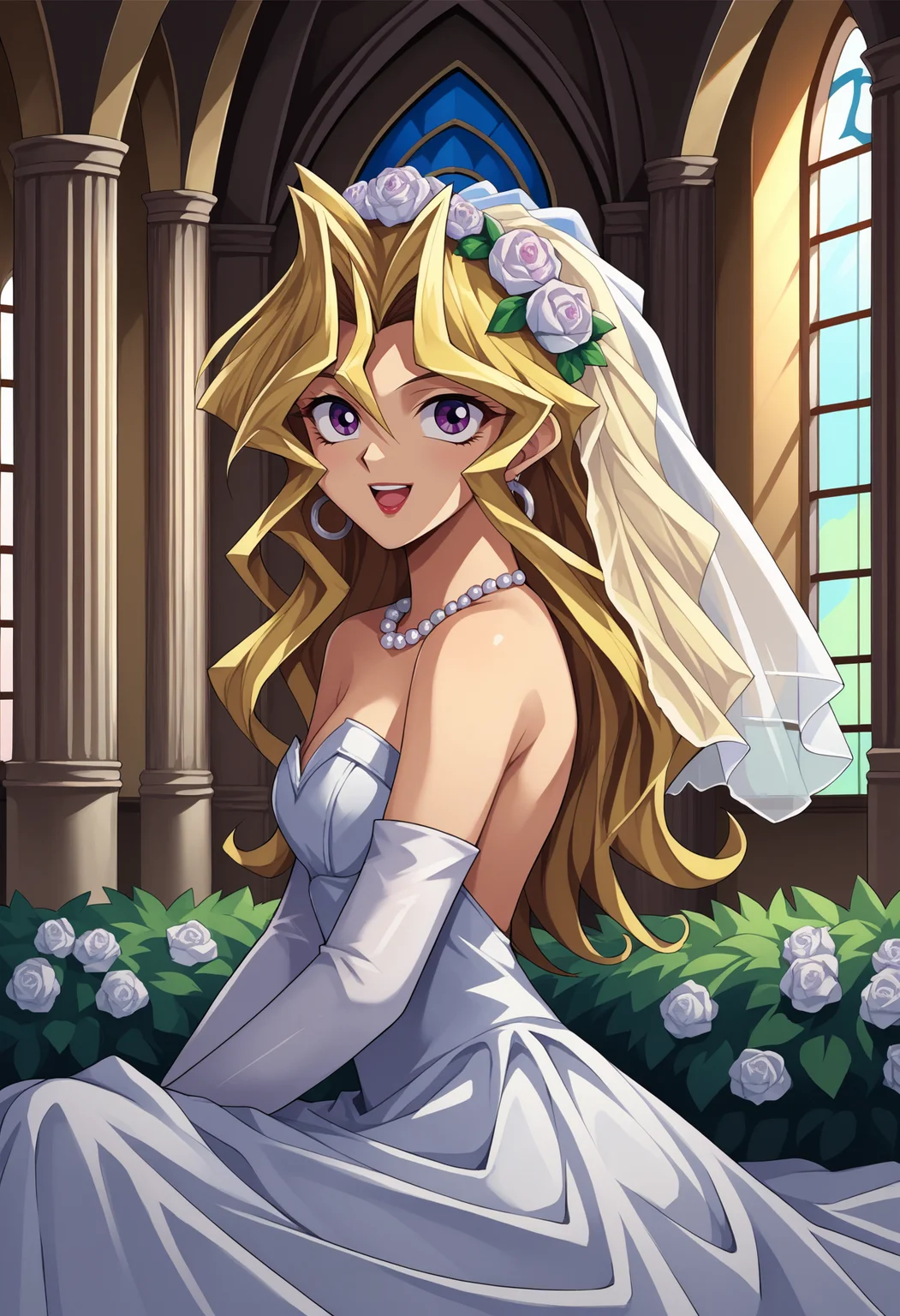 score_9, score_8_up,score_7_up, source_anime, rating_safe, 1girl, solo, <lora:EPygKujakuMai:1>, EPygKujakuMai, purple eyes, blonde hair, long hair, wavy hair, hair between eyes, hair intakes, hoop earrings, red lips, bride, wedding dress, bridal veil, white dress, hair ornament, white flower, pearl necklace, indoors, church, pillar, bush, sitting, from side, arm support, elbow gloves, white gloves, long dress, jewelry, arch, smile, open mouth