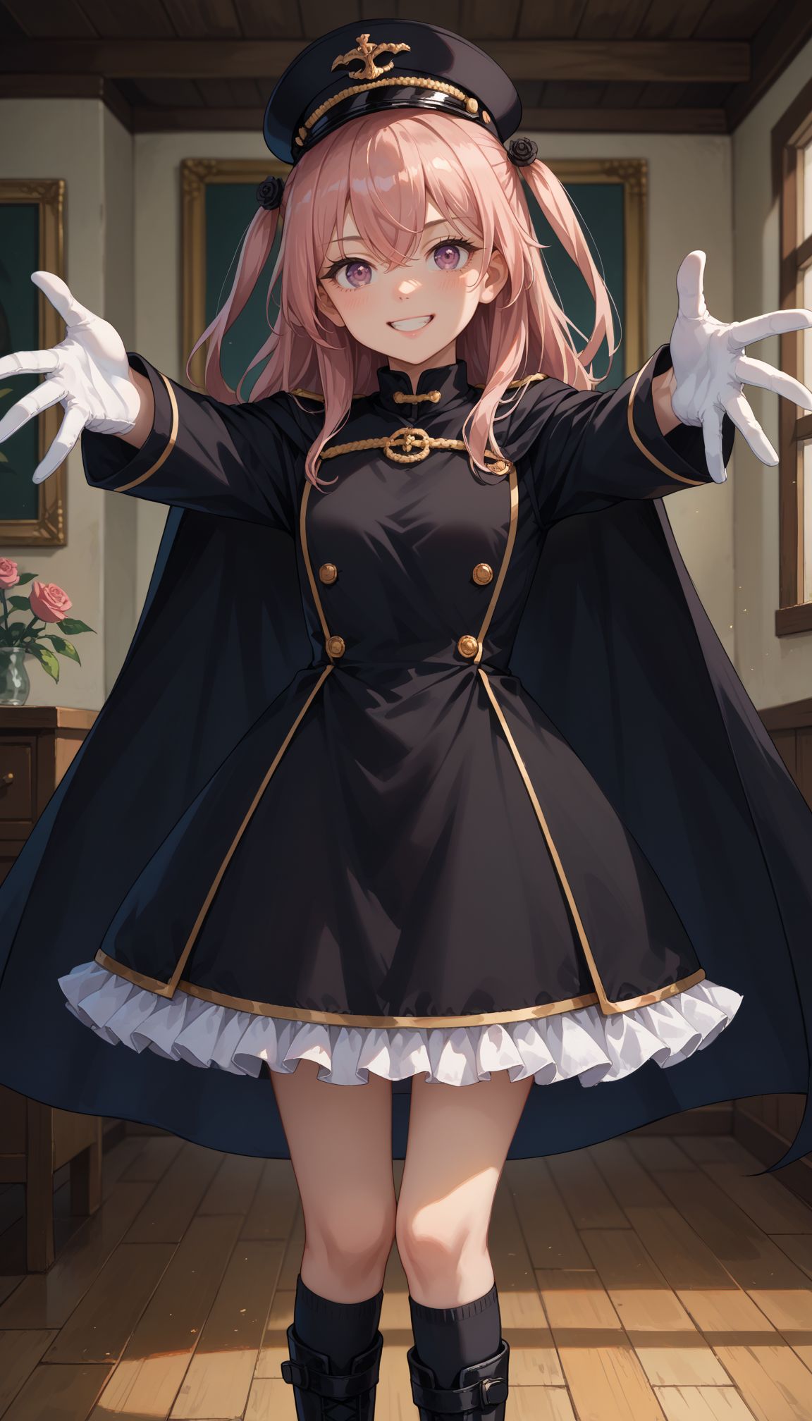 score_9, score_8_up, score_7_up, source_anime,  big smile, military headwear,
indoors,standing,outstretched_arms,:d,cowboy shot,,   <lora:Inui Sajuna :1> aasajuna,pink eyes,purple eyes,pink hair,long hair,two side up,hair between eyes,bangs,hair flower,black rose,black cape,dress,(black dress:1.4),long sleeves,(white gloves:1.1),(black skirt:1.4),frilled skirt,socks,black socks,boots,black footwear,