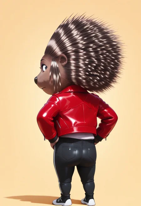 solo, ashporcupine, standing, back view, looking back, hands on hips, red jacket, black pants