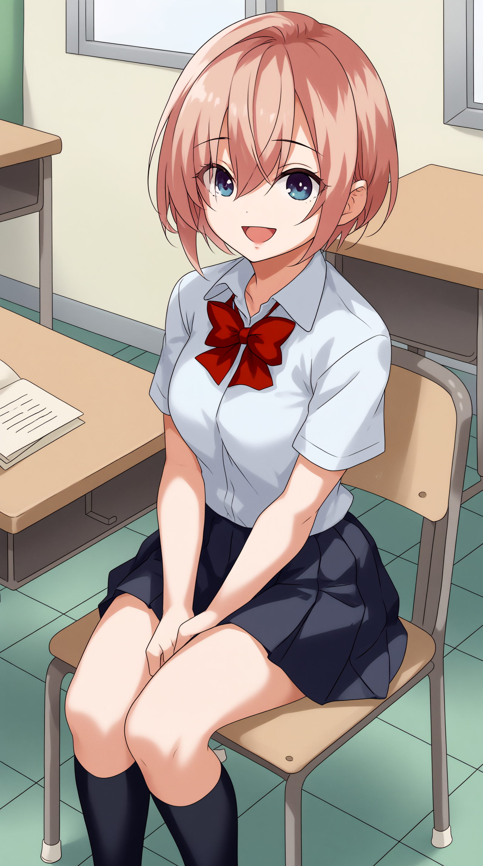 score_9, score_8_up, score_7_up,anime_source, source_anime, best background, detailed background, anime screencap  Makoto Sugawara, smile, open mouth, shirt, skirt, bow, sitting, school uniform, white shirt, short sleeves, :d, pleated skirt, socks, indoors, bowtie, black skirt, red bow, kneehighs, chair, black socks, red bowtie, desk, tiles, classroom, school desk, tile floor, school chair  <lora:JN_Makoto_Sugawara_Pony:0.8>
