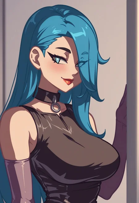 score_9, score_8_up, score_7_up, 4gi1lsp3rsp3ct1v3,AGirlsPerspective, A Girls Perspective, 1girl,rating_safe,  1girl, solo, long hair, breasts, looking at viewer, blush, smile, bangs, blue eyes, large breasts, black hair, closed dress, gloves, dress, bare shoulders, closed mouth, blue hair, upper body, multicolored hair, elbow gloves, hair over one eye, collar, lips, gradient hair, red lips,
