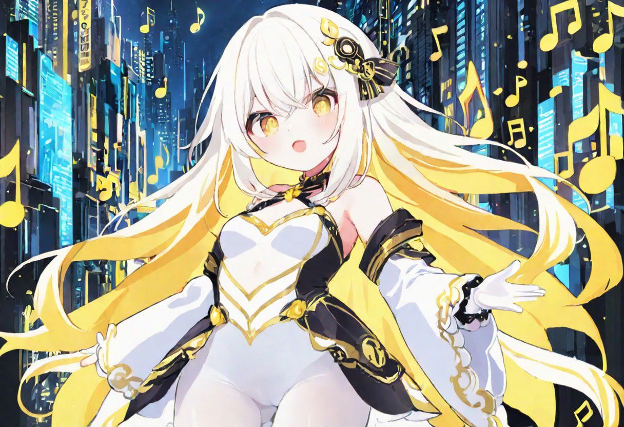 Best quality, masterpiece, sci-fi extremely dark abyss city, music notes, one singer girl with round pert breasts, majestic walk, hands gesturing, adorable pure white long loose hair, simple hairpin, adorable smooth happy face, singing, open mouth, bright yellow eyes, detailed kawaii makeup, beautiful white dress with long sleeves and gloves, slim waist, very short miniskirt, white tights, thick clavicle, thick pelvis, thick hips, thick thighs, heels