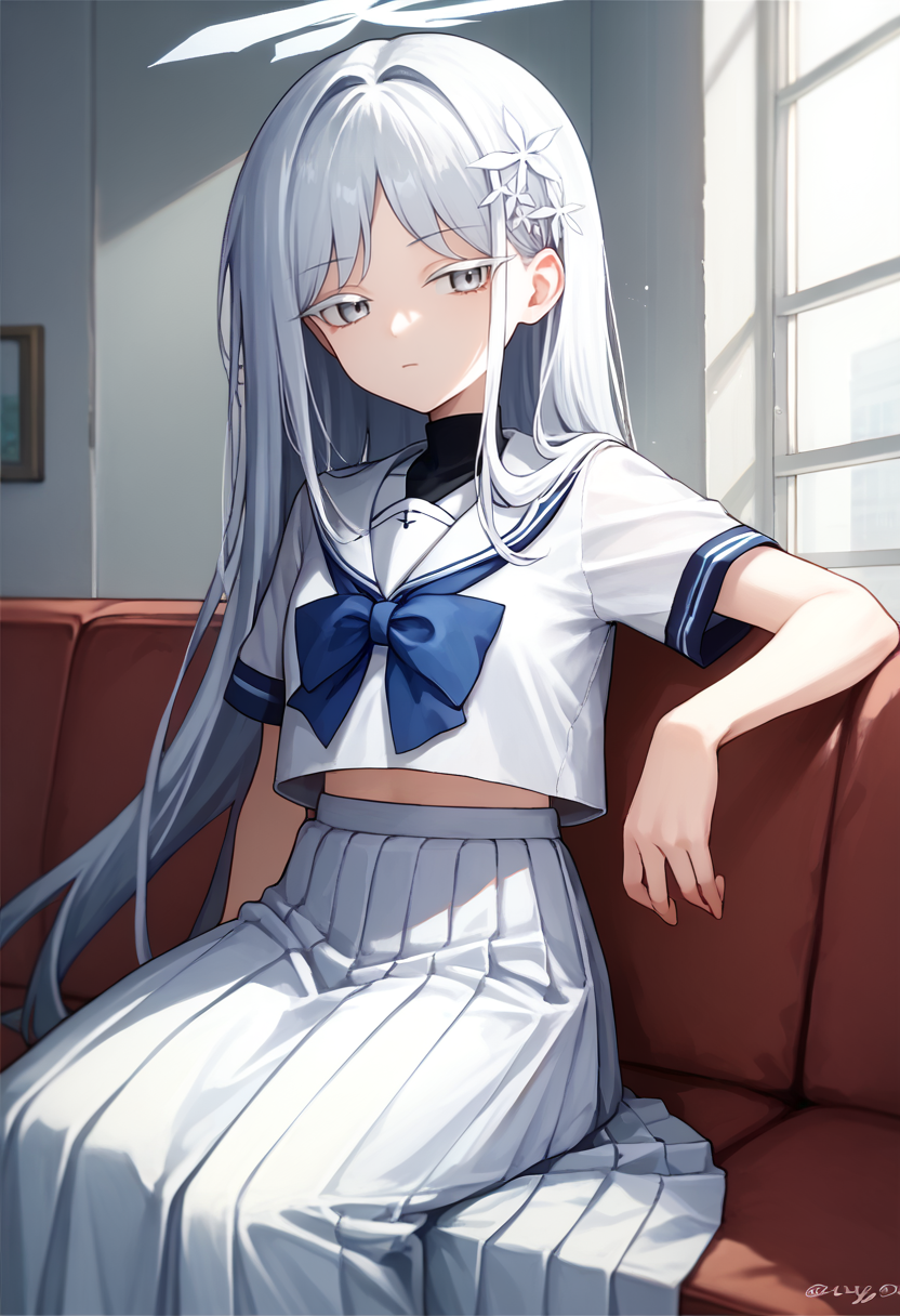 score_9, score_8_up, score_7_up, source_anime, solo, 1girl, nagusa goryou, expressionless, looking at viewer, sitting, couch, hair ornament, halo, colored eyelashes, school uniform, white serafuku, white shirt, white sailor collar, blue bow, short sleeves, long skirt, white skirt, pleated skirt, indoors <lora:ba_goryounagusa_ponyXL:1>