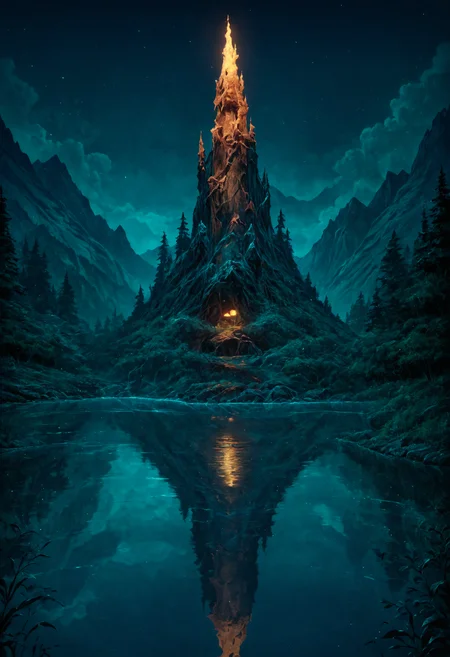 score_9, score_8_up, score_7_up, detailed, night, (dark environment), mountains, water, trees, no humans, reflection,