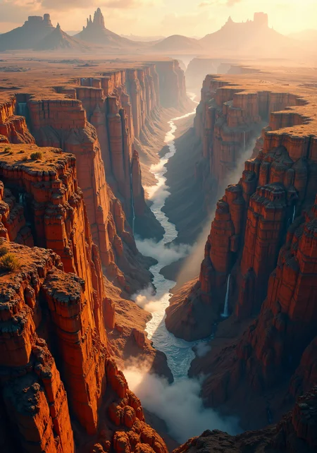 A sweeping aerial perspective revealing a vast, rugged plateau bathed in warm saffron and burnt copper tones. Expansive terrain with intricate textures on weathered rock formations, crystalline waterfalls cascading into a deep canyon, delicate mists weaving through towering spires. Panoramic composition, hyper-detailed 8K quality, cinematic framing, dramatic atmospheric lighting with stark contrasts and soft lens flares. Intricate natural geometry, dynamic interplay of warm glows and cool blue accents, vivid color palette, surreal clarity, masterpiece level resolution, majestic high altitude view of expansive, vibrant natural wonder. <lora:MushyFunk:0.3> <lora:FluxMythG0thicL1nes:0.1> <lora:flux_dev:1>
