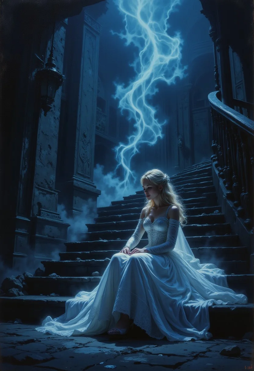 DGC style digital illustration, Magic style,
Close-up. cinematic photo. moody and gritty and dramatic oil painting of blonde-haired Cinderella wearing silvery-whitish ball gown from the Disney movie peacefully sitting on the stairs of a mansion glass slipper in front of her, visible brushstrokes, atmospheric haze, limited palette, low key, moody lighting