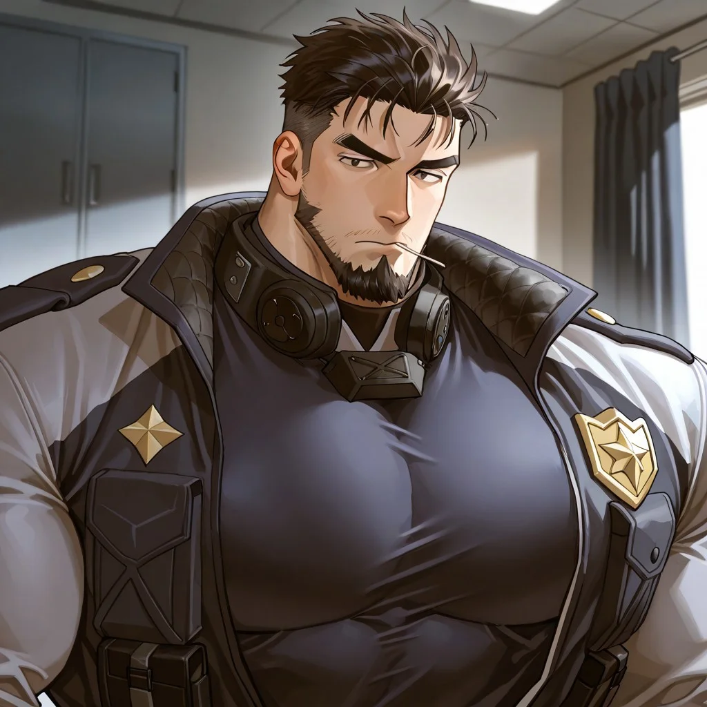 <lora:Date_Wataru__Case_Closed-000008:.6>,Date Wataru, Holding a toothpick in his mouth,, Police uniform, open clothing,
(very short hair, beard, bara, mature, facial hair, stubble, beard, full beard, sideburn, beard, a lot of beard, ), facial hair,male focus, muscular male, muscular male, bara, mature,  bara, mature, aixiwuganda_(20222192), very awa, masterpiece, best quality, absurdres, newest, perfect quality, detailed background, intricate details,
<lora:slider_Body Type_alpha1.0_rank4_noxattn_last:3><lora:style_Anime Summer Days 2 Style SDXL_LoRA_Pony Diffusion V6 XL:.6><lora:slider_cfg_scale_boost:.7><lora:Artist6p:.55>, Artist6p, Artist04p,<lora:slider_il_brightness_slider_d1:-1><lora:slider_il_contrast_slider_d1:-1><lora:slider_DarkSlider1.2_alpha1.0_rank16_full_300steps:-.6>