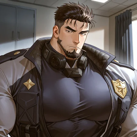 <lora:Date_Wataru__Case_Closed-000008:.6>,Date Wataru, Holding a toothpick in his mouth,, Police uniform, open clothing,
(very short hair, beard, bara, mature, facial hair, stubble, beard, full beard, sideburn, beard, a lot of beard, ), facial hair,male focus, muscular male, muscular male, bara, mature,  bara, mature, aixiwuganda_(20222192), very awa, masterpiece, best quality, absurdres, newest, perfect quality, detailed background, intricate details,
<lora:slider_Body Type_alpha1.0_rank4_noxattn_last:3><lora:style_Anime Summer Days 2 Style SDXL_LoRA_Pony Diffusion V6 XL:.6><lora:slider_cfg_scale_boost:.7><lora:Artist6p:.55>, Artist6p, Artist04p,<lora:slider_il_brightness_slider_d1:-1><lora:slider_il_contrast_slider_d1:-1><lora:slider_DarkSlider1.2_alpha1.0_rank16_full_300steps:-.6>