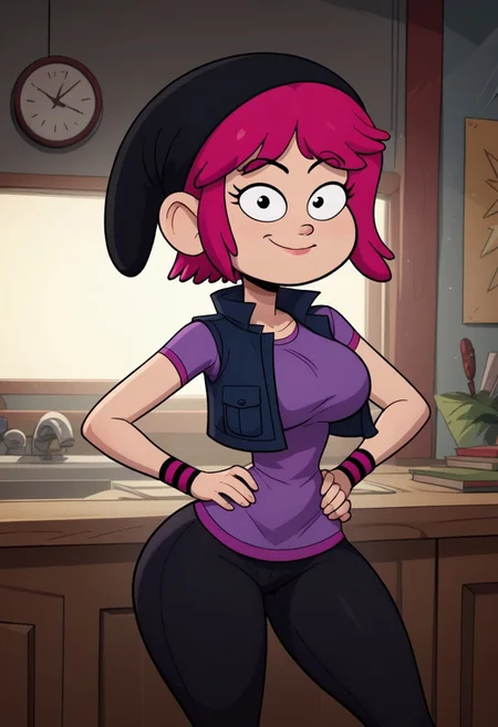 ((bedroom background)),score_9, score_8_up, score_7_up,score_6_up, source_cartoon
1girl, Solo, Pauline_AP, light skin, black eyes, bright pink hair, short hair, black beanie hat, purple t-shirt, pink-black wristbands, sleeveless dark blue vest, tight black pants, black boots, big eyes, big breasts, social smile, narrow waist, huge hips, huge thighs, big ass, big eyes, perfect lips, open eyes, perfect smile, cowboyshot, perfect eyes, perfect face, medium stature, looking at viewer,