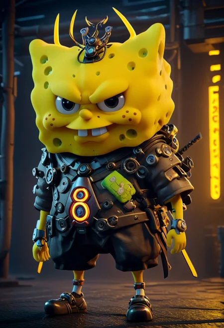 realistic, octane realism, best quality, masterpiece,stunning, magnificent, HD, photorealistic,Grogu, cyberpunk,cute neon, transformed mechanical ,samurai, dramatic lighting, glowing, mythical, legendary, powerful, dark, evening, cinematic, trending on ArtStation,spongebob