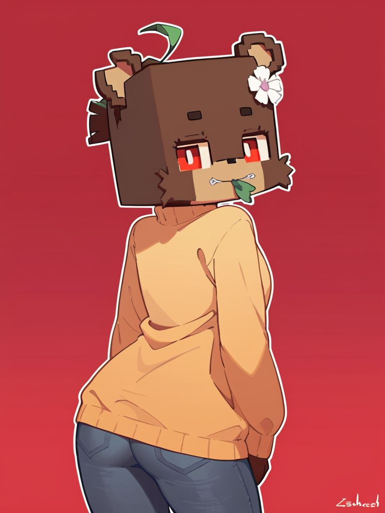 minecraft, score_9_up, score_8_up, furry female, bia, , flower in hair, square_zipper_mouth, teddy bear, solo, red eyes, slim-fit jeans, permanent sap green ruffled sweater, moccasins,, head down, from behind, looking at viewer, blue and red background gradient, <lora:y-Bia_SlipperyT:0.8>, ((art by Azaleesh))