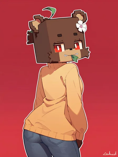 minecraft, score_9_up, score_8_up, furry female, bia, , flower in hair, square_zipper_mouth, teddy bear, solo, red eyes, slim-fit jeans, permanent sap green ruffled sweater, moccasins,, head down, from behind, looking at viewer, blue and red background gradient, <lora:y-Bia_SlipperyT:0.8>, ((art by Azaleesh))