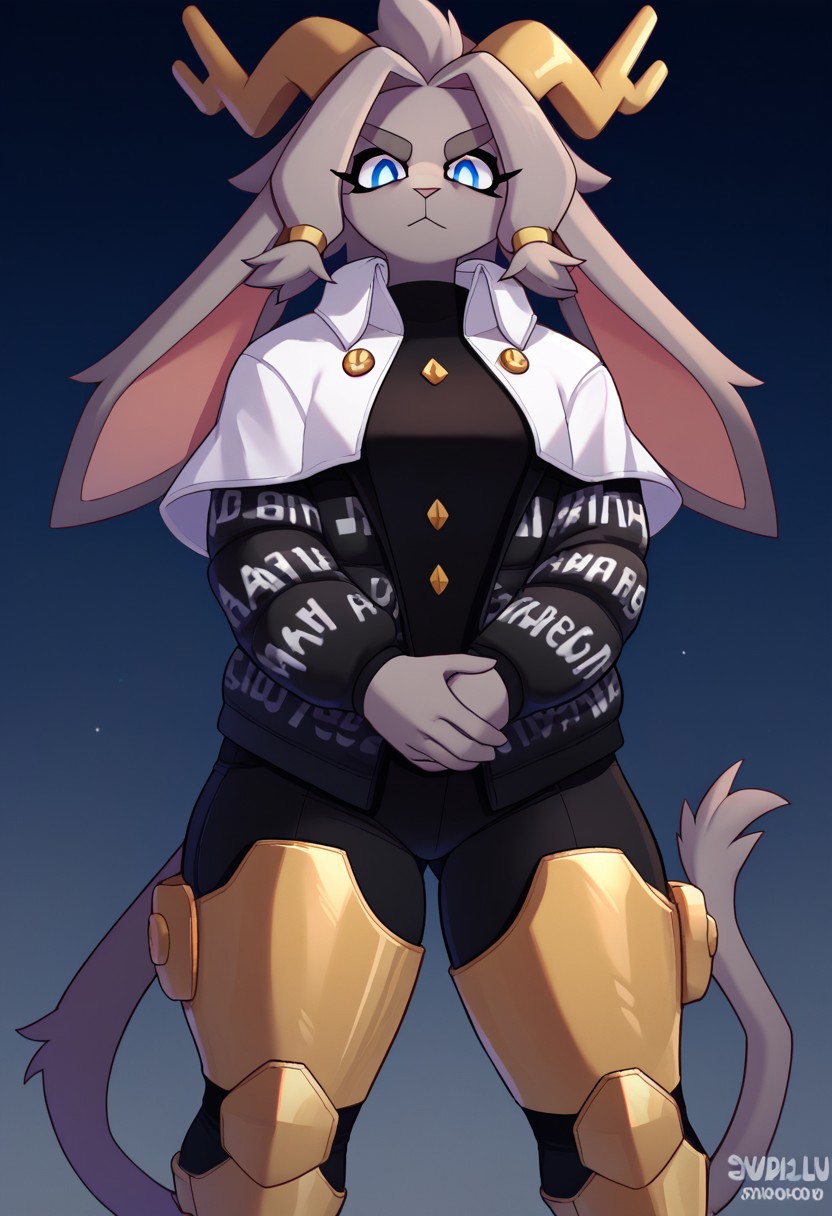 score_9, score_8_up, score_7_up, source_cartoon, solo, 1girl, sybil (pseudoregalia), grey fur, grey hair, bangs, blue eyes, floppy ears, jackalope, shawl, leg armor, looking at viewer, own hands together, dripjacket, black pants <lora:attire_dripjacket_ponyXL:1>