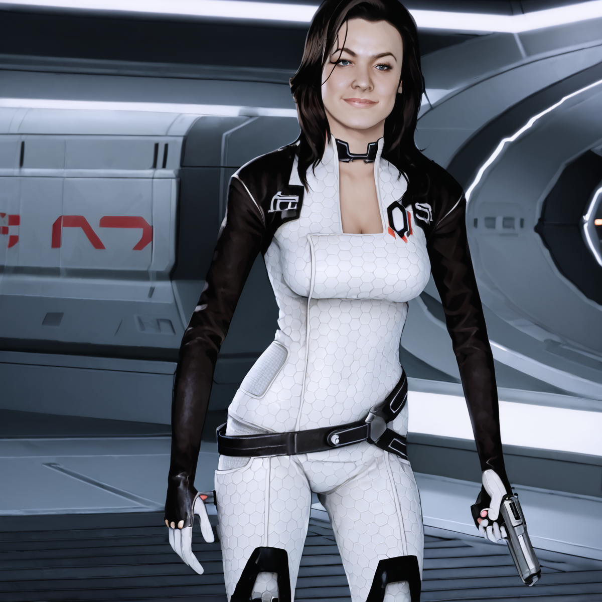 Miranda Lawson, Black Hair, holding pistol, smirk, standing on alien planet, white bodysuit, <lora:Miranda_Lawson_Mass_Effect:1>