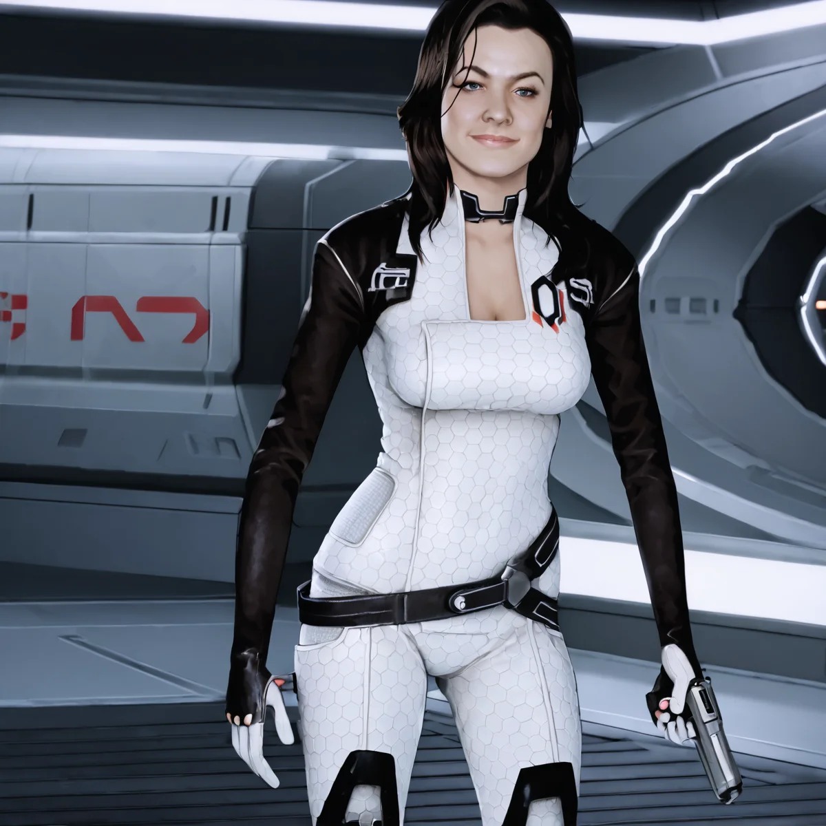Miranda Lawson, Black Hair, holding pistol, smirk, standing on alien planet, white bodysuit, <lora:Miranda_Lawson_Mass_Effect:1>