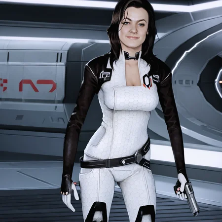 Miranda Lawson, Black Hair, holding pistol, smirk, standing on alien planet, white bodysuit, <lora:Miranda_Lawson_Mass_Effect:1>