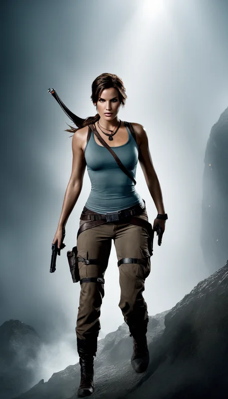 cinematic film still Cinematic scene, hero view, Lara Croft <lora:lara_croft_xl_v2:1>, action pose, detailed background, masterpiece, best quality, high quality, highres, absurdres . shallow depth of field, vignette, highly detailed, high budget Hollywood movie, bokeh, cinemascope, moody, epic, gorgeous, film grain, grainy