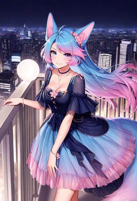 masterpiece, best quality, good quality, very aesthetic, absurdres, detailed eyes,
BREAK
silvervale, fox ears, tail, gradient hair, multicolored hair, blue hair, pink hair, blue eyes, medium breasts,
BREAK
Seductive Smile, cldqz, blue dress, hair ornament, bracelet, jewelry, choker, bracelet, necklace,
BREAK
balcony overlooking the city, modern city, city view, night,