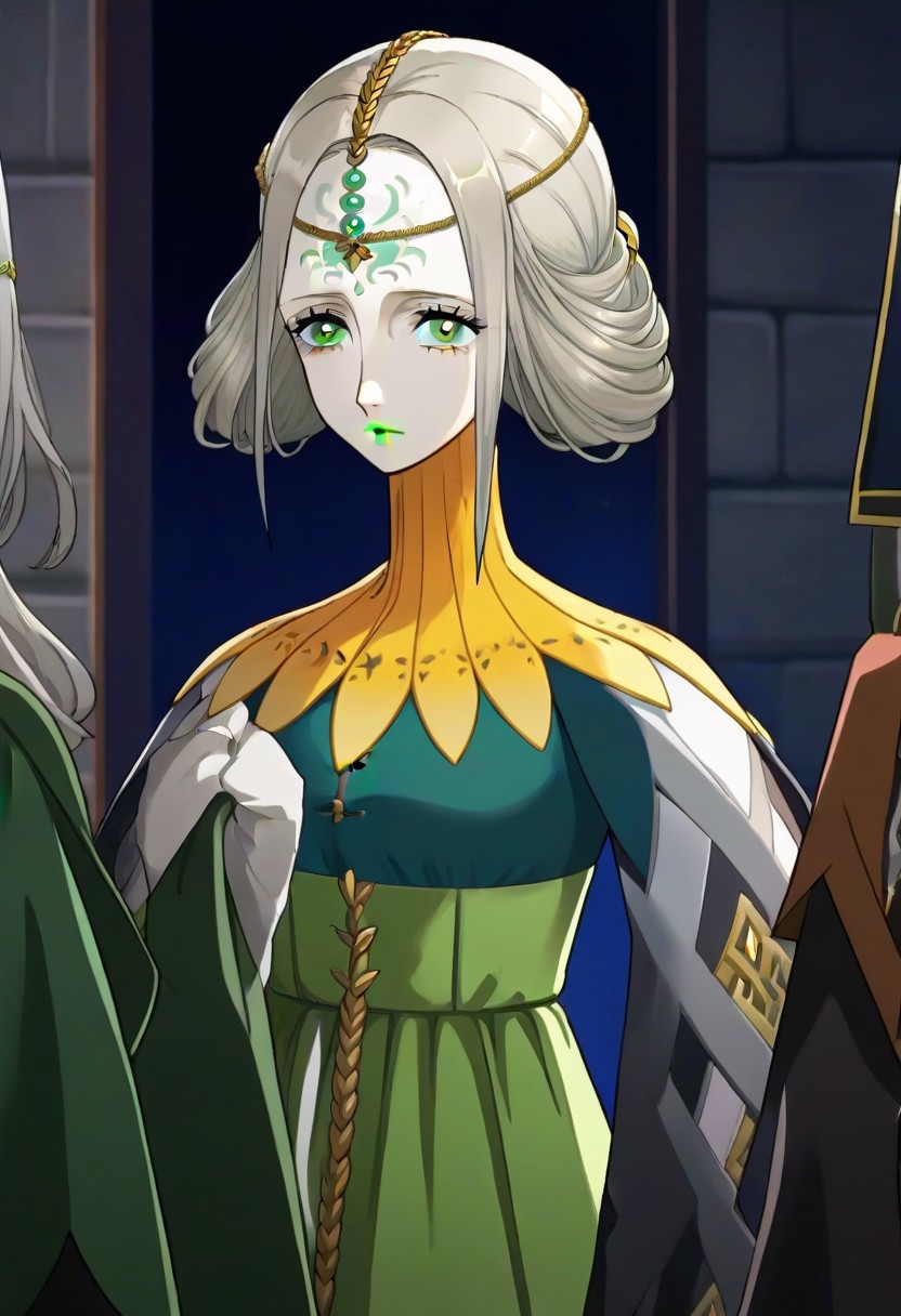 source_anime, 1girl, white skin, grey hair, forehead tattoo, green eyes, green lips, hair decoration, head chain, wrinckles, high yellow collar, medieval dress, white and green dress,<lora:Joanna_-_Metaphor_ReFantazio_-_Pony:1>