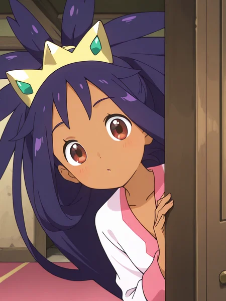 1girl, , 
 <lora:peekdoor:1> peekdoor1, doorway, peeking out,indoors,
<lora:iris_champion_2:0.8> iri5cham1on,dark-skinned female, dark skin, brown eyes, purple hair, very long hair, ponytail, spiked hair, hair rings, tiara, green gem tiara,white shirt, pink v-neck,  pink sleeve cuff,upper body, looking at viewer,, masterpiece, high quality, absurdres, best quality, very aesthetic, newest,