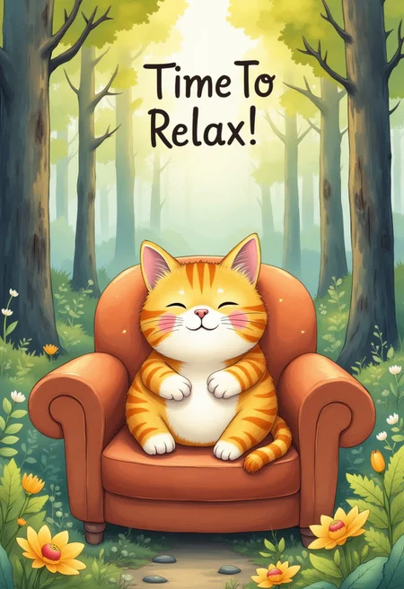 cute funny cat chilling on a couch in the forest, with thwe text on top of the image saying"Time To Relax !" watercolor style l10nhe43t