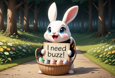 masterpiece, score_9_up, score_8_up, score_7_up, score_6_up, source_furry, (best quality:1.1), ultra-detailed, high resolution, highly detailed macro illustration, solo BREAK 1girl,, feral, bunny, female, blue eyes, pink animal nose BREAK wearing a bee hoodie, bee hoodie, BREAK need_buzz, holding sign, sitting in an easter basket, BREAK sharp focus, perfect lighting, anatomically correct, extremely detailed, tranquil setting, high detail, Expressiveh, happy, content, detailed background, OverallDetail, zPDXL3