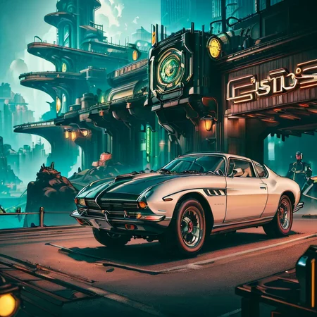 beautiful linework thick-outlines strong-shadows <lora:detail_slider_v4:1.0> <lora:retroMoto:0.9> retroMoto <lora:BioShockPunk_v2:0.8> BioShockPunk retro-50s-car-at-a-car-show clouds-in-the-sky sharp-focus (Futuristic-style-:1.3) Sleek modern ultramodern high-tech detailed soft-diffuse-lighting (masterpiece best-quality absurdres detailed ultra-detailed:1.3) (ornate-details:1.3)