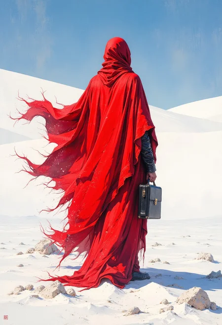 mythp0rt, ArsMJStyle, impressionism, very smooth, from behind, back of a person in a bright red mantle, mantle is very baggy, huge hanging sleeves, standing in a completely white desert, white sand, the sky is smooth blue. holding a black briefcase