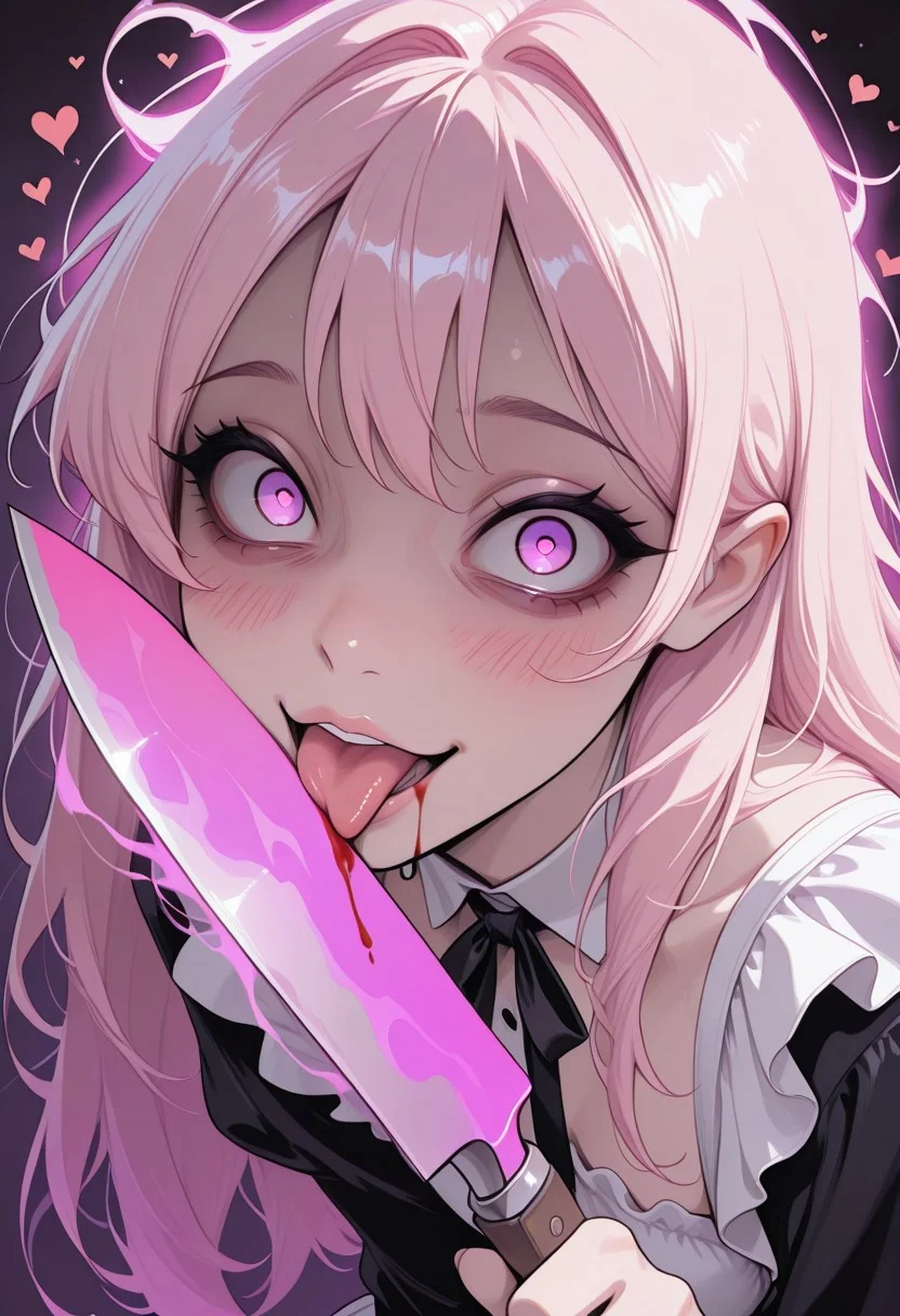 masterpiece, high_quality, highres, flat_colors, gradient, long_lashes, blush, looking_at_viewer, dynamic_angle, cinematic, side_view, hearts,  ethereal_aura, uwu, big_eyes, crazy eyes, yandere, crazy eyes, licking bloody knife