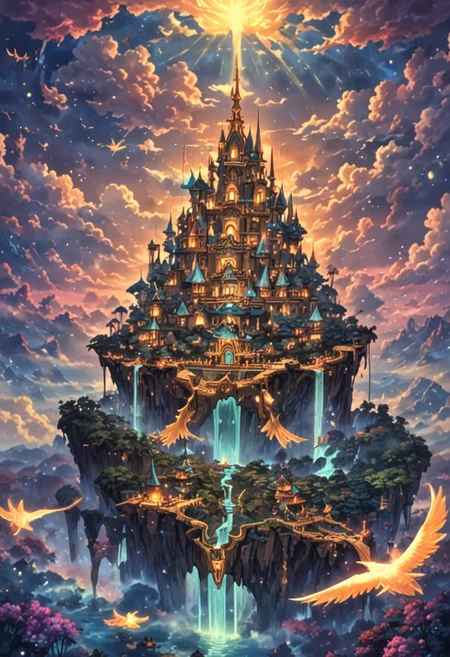 neon, Bioluminescent, surrealism, glitter, A sprawling fantasy kingdom nestled high among floating islands, with cascading waterfalls flowing from one island to another. The palace at the center of the largest island gleams with golden spires and ornate architecture. Vibrant flora lines the edges of the islands, glowing softly in the twilight. In the skies above, majestic winged creatures soar through the clouds, their scales shimmering in the last light of day. The atmosphere is filled with a sense of wonder and enchantment, as if the entire land is suspended between reality and a dream. The scene is bathed in warm, ethereal lighting, casting soft glows on the water and creating a magical aura around the floating islands