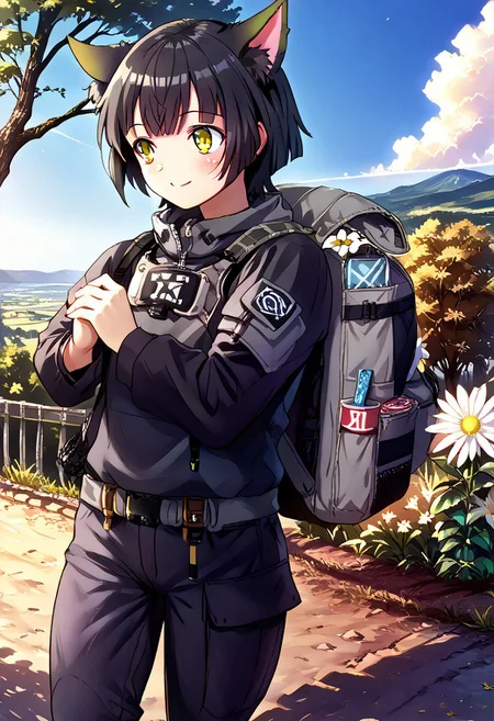 (score_9, score_8_up, score_7_up, highest score, best quality:1.2), zPDXL3, NEGATIVE_HANDS, detail1eye, handfixer, hi-res, 16k, source_anime BREAK 1girl, dorm mistress, short hair, black hair, animal ears, yellow eyes, cat ears, walking, blush, smile BREAK green cap, AEM01 Tactical Jacket, black jacket, black cargo pants, camo backpack BREAKClearingontopMB, outdoors, tree, flower, scenery, cloud (outdoors:1.3), cowboy shot, sharp colors, perfect anatomy, (detailed realistic background:1.3), (high quality:1.1), (ultra detailed:1.4), <lora:pony_good_hands:0.7>, <lora:add-detail-xl:1>, <lora:xl_more_art-full_v1:0.5>