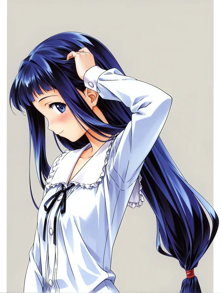masterpiece,best quality,newest,1girl,solo,
<lora:s_yukino_ilxlv1.0:1>,s_yukino,blue hair,low-tied long hair,blue eyes,y_clothes,white shirt,
<lora:Fixhands_anime_bdsqlsz_V1:1>,face_focus,looking_at_viewer,white background,simple_background,standing,hand_in_hair,upper_body,profile,embarrass,blush,smile,