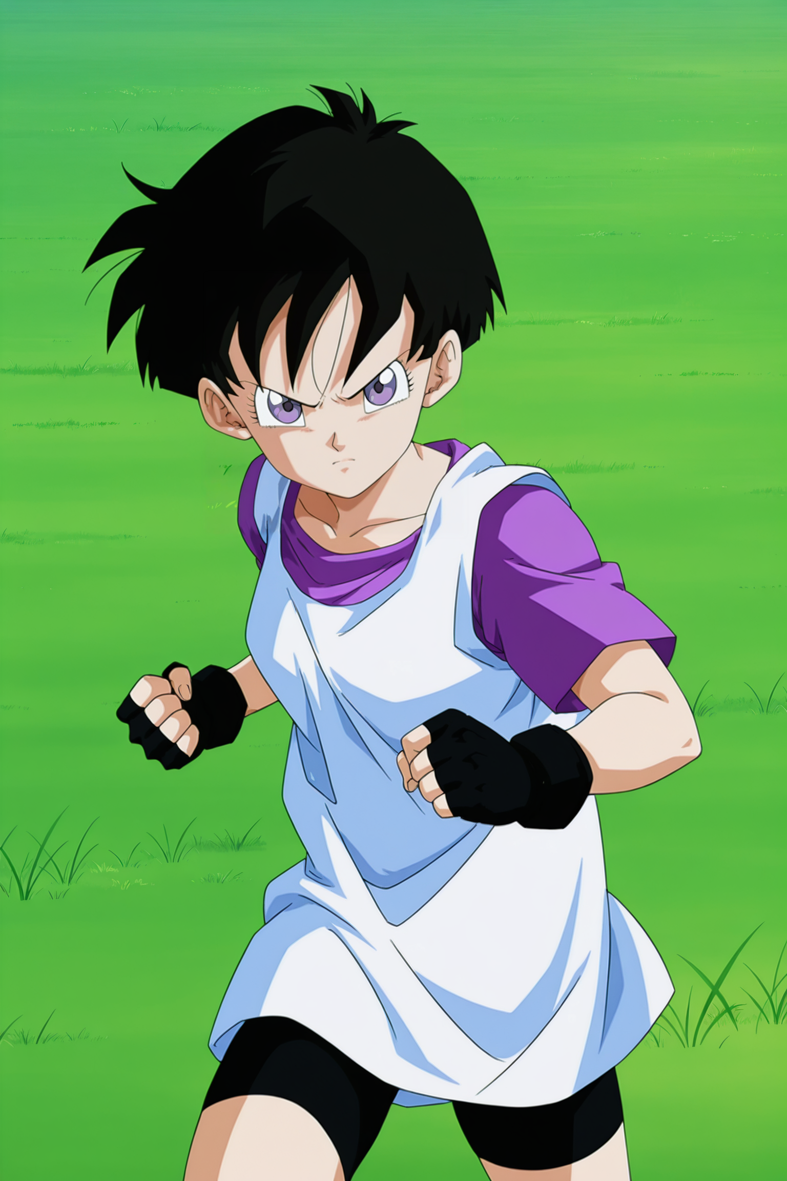 anime screencap, absurdres, high quality, official style, 
videl, official style, costume 2, vest over shirt, 1girl, solo, spiked hair, very short hair, black hair, purple eyes, eyelashes, white vest, purple shirt, short sleeves, black gloves, fingerless gloves, bike shorts, v-shaped eyebrows, fighting stance, clenched hands, looking at another, cowboy shot, serious, frown, outdoors, dappled sunlight, day, field, falling grass
 <lora:Videl:0.8>