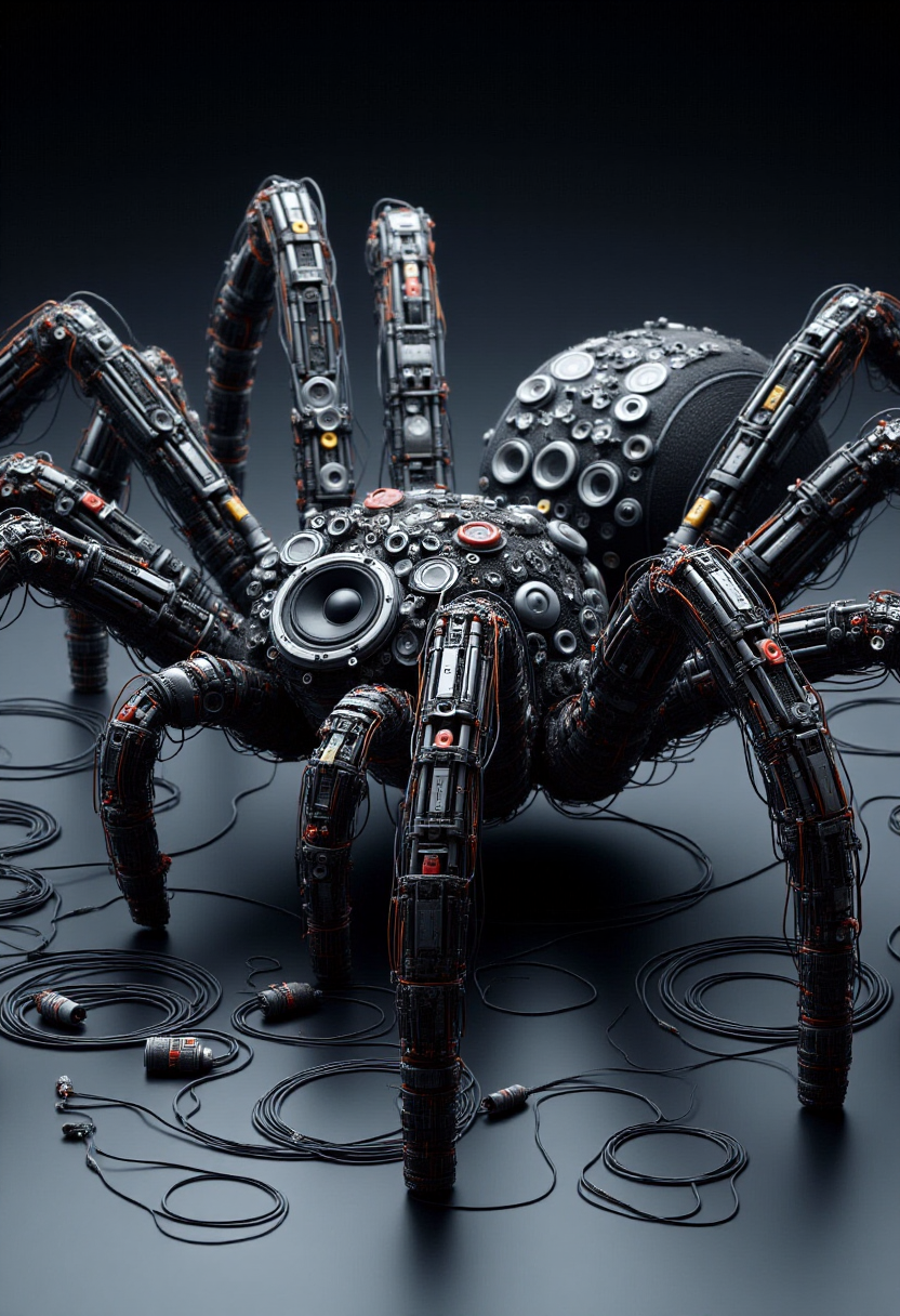 <lora:Audio_Artisan_FLUX:0.9>
High-resolution CGI rendering of an intricate, robotic spider. The spider is depicted with a futuristic, mechanical appearance, composed of various electronic components and audio equipment.