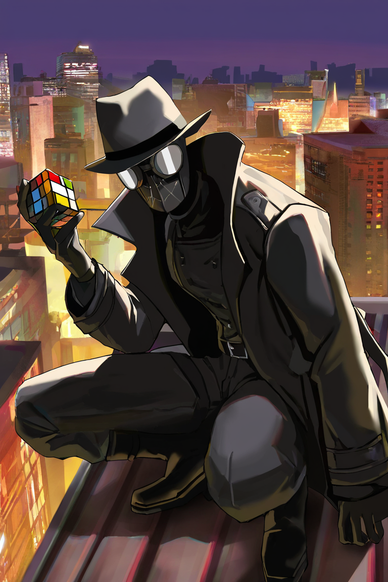 masterpiece, best quality, highres, newest, smnrsv, 1boy, solo, male focus, mask, covered eyes, goggles, black hat, fedora, black coat, trench coat, black vest, belt, black pants, black boots, black gloves, hand up, holding, rubik's cube, looking at viewer, facing viewer, squatting, full body, outdoors, rooftop, on roof, city, night <lora:Spider-Man Noir - Into the Spider-Verse v1.0 [LoRA] - NoobAI-XL EPS 1.0:0.8>