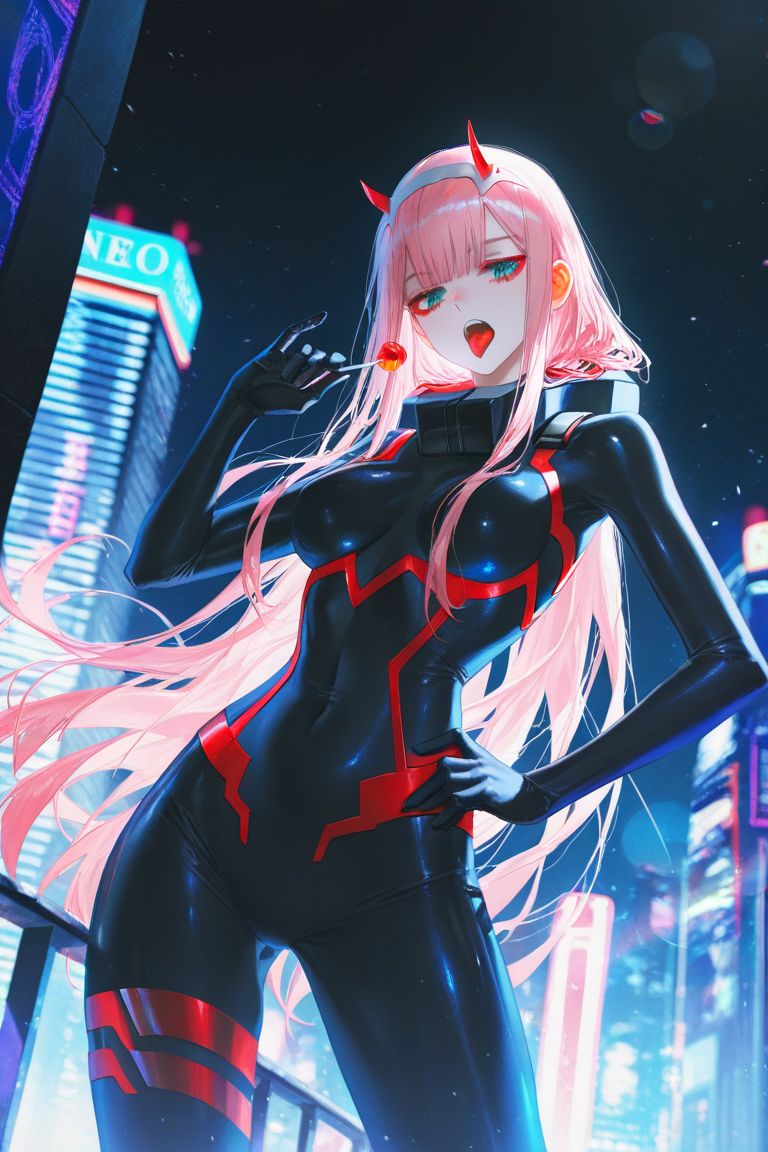 depth of field,light particles,lens flare,(artist:quasarcake:0.8),extreme aesthetic,(wlop:0.6),wanke,rella,wanke,masterpiece,best quality,good quality,newest,year 2024,year 2023,very aesthetic,absurdres,Visual impact,Electromotive force,perspective composition,A shot with tension,ultra-high resolution,32K UHD,sharp focus,best quality,masterpiece,Emotionalization masterpiece,unconventional supreme,masterful details,with a high end texture,in the style of fashion photography,(Visual impact:1.2),giving the poster a dynamic and visually striking appearance,impactful picture,offcial art,colorful,splash of color,movie perspective,masterpiece,best quality,amazing quality,very aesthetic,absurdres,best quality,newest,masterpiece,best quality,good quality,
beautiful background, cityscape, cyberpunk, neons, colorful, night, zero two \(darling in the franxx\), lollipop, holding lollipop, open mouth, tongue out, contrapposto, style, bodysuit, (saliva:0.5), seductive, hand on own hip