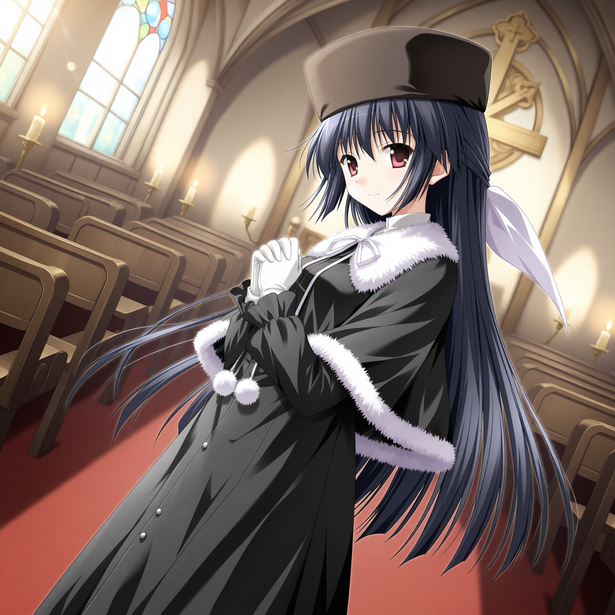 <lora:Amamiya_Yuuko_1_nai-000038:1>,Amamiya Yuuko,hair ribbon,white ribbon,
fur hat,brown headwear,fur trim,black dress,long sleeves,pom pom (clothes),neck ribbon,black capelet,fur capelet,white fur,
1girl,solo,looking at viewer,church,indoors,candle,smile,own hands together,praying,standing,depth of field,lens_flare,from side,dutch angle,head down,
