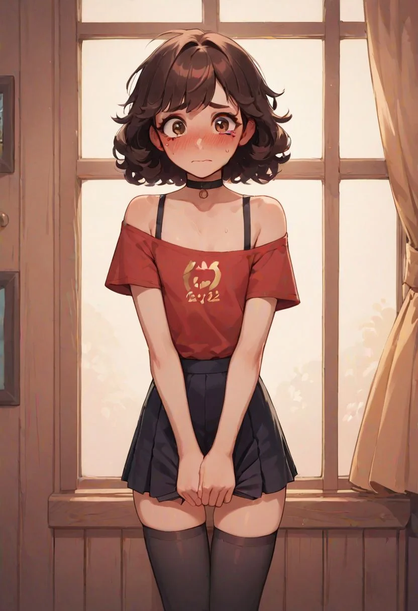 score_9, score_8_up, score_7_up, brunette, cute feminine face, sexy 18 year old femboy, flat chest, small perfectly round breasts, standing, shy girl:10,embarrassed:3, wooden room:10, girl:10, brown eyes, medium length hair, fluffy hair, nervous, fearful, black thighhighs, short black skirt, open shoulders red shirt, black choker, makeup,